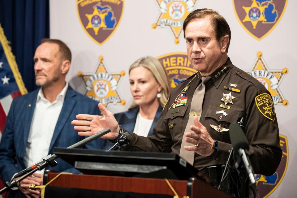 Oakland County Sheriff Michael Bouchard speaks at a news conference regarding the threats to school following the Oxford High School shooting at Oakland County Sheriff Office in Pontiac on Dec. 2, 2021.