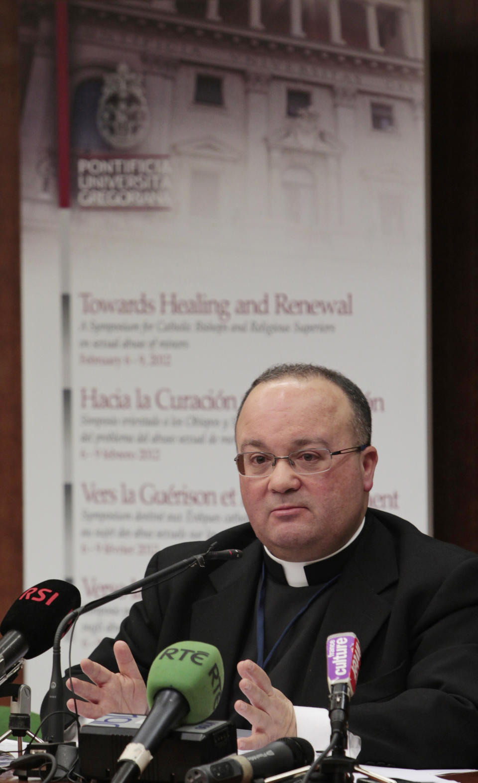 FILE - In this Wednesday, Feb. 8, 2012 filer Monsignor Charles Scicluna meets journalists in Rome. The Holy See on Thursday, Jan. 16, 2014, will be grilled by a U.N. committee in Geneva on its implementation of the U.N. Convention on the Rights of the Child, which among other things calls for signatories to take all appropriate measures to protect children from harm and to put children’s interests above all else. The Vatican will be represented by its most authoritative official on the issue, Scicluna. (AP Photo/Gregorio Borgia, file)