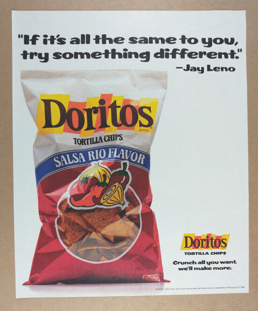 Vintage Doritos Salsa Rio Flavor chips advertisement, bag of Doritos on a white background, 1989