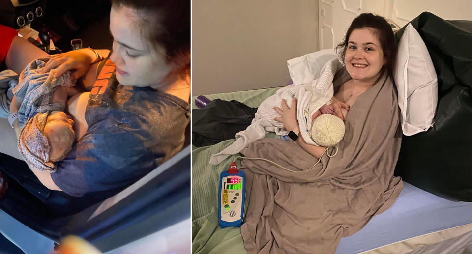 Tiana Keane with her son Reid after giving birth in hospital, and right, Tiana Keane at home with baby Reid. Source: Tiana Keane