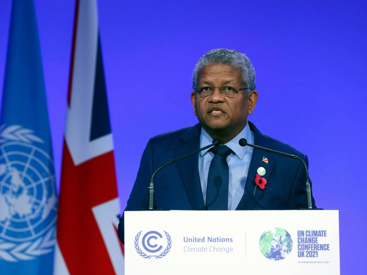 Seychelles President Wavel Ramkalawan speaks during the opening ceremony of the United Nations Climate Change Conference, COP26, in Glasgow on Nov. 1. He says his country remains in 'grave danger' because of climate change. (Yves Herman/The Associated Press - image credit)