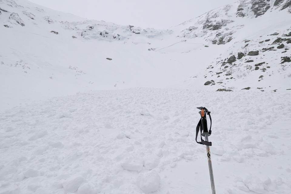 This photo provided by Mount Washington Avalanche Center shows the aftermath of an avalanche on Mount Washington on Saturday, Feb. 25, 2023, in N.H. (Jeff Fongemie/Mount Washington Avalanche Center via AP)