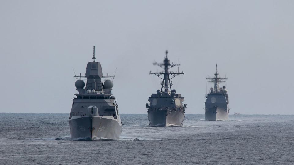 The Royal Netherlands Navy frigate HNLMS De Ruyter, left, sails with U.S. Navy vessels during an exercise in 2019. (Lt. Laura Radspinner/U.S. Navy)