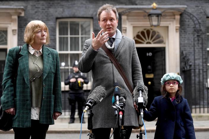 Gabriella Zaghari-Ratcliffe stands next to her father Richard Ratcliffe, the husband of Nazanin Zaghari-Ratcliffe and his mother Barbara, as they address the media in Downing Street, London, following a meeting with Prime Minister Boris Johnson. PA Photo. Picture date: Thursday January 23, 2020. Mr Ratcliffe is expected to ask Mr Johnson &#x00fffd; who he has previously criticised over his handling of the charity worker&#39;s case &#x00fffd; to take a personal interest in the case and treat it as 