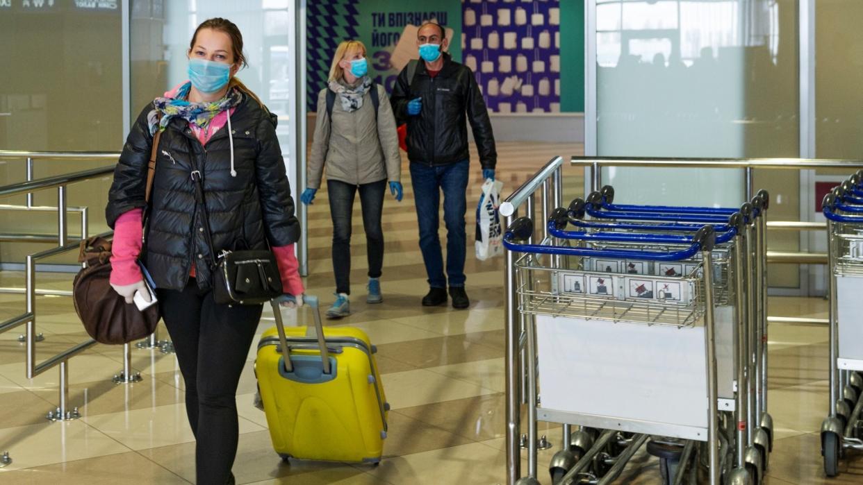 Boryspil airport, Ukraine, March 22, 2020, arrivals gate, passengers of special flights organized to return people back home during coronavirus outbreak.