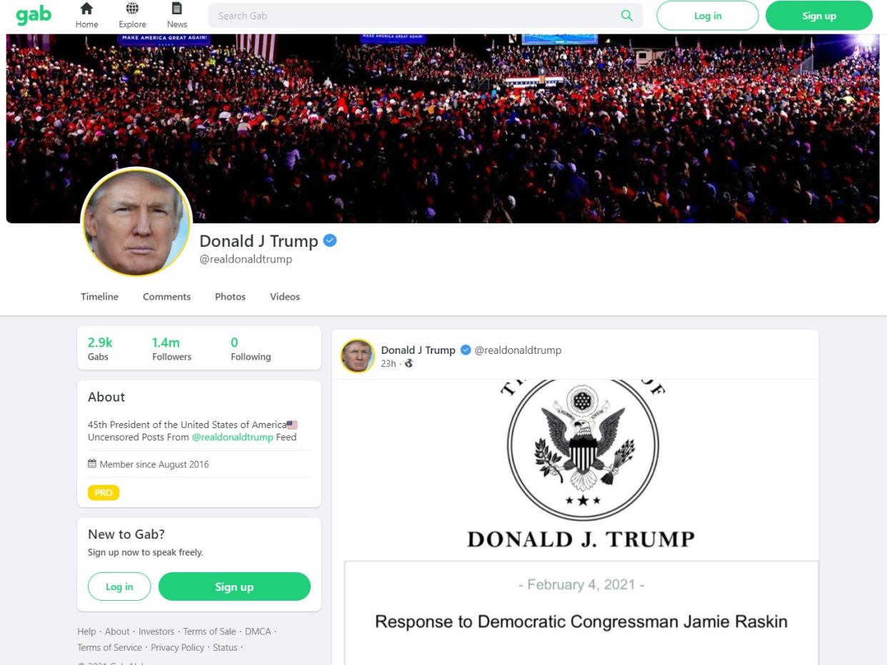 <p>Torba aclaró que la cuenta de Trump en Gab es un perfil espejo de sus publicaciones de Twitter</p> (Gab / @realdonaldtrump)