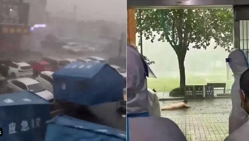 上海狂風暴雨，有方艙醫院帳棚被吹走，還傳出有男子因為淋浴間被吹走只得無助地趴在地上。（翻攝自推特）