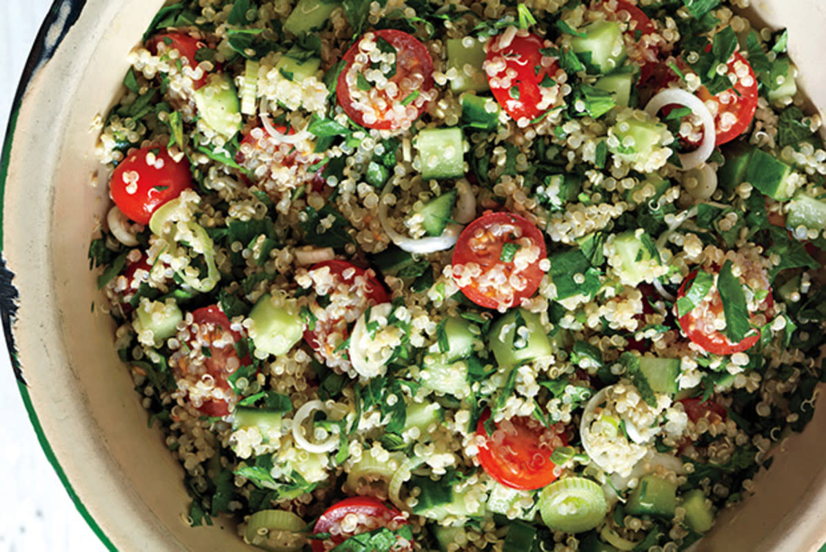 <p>Epicurious</p><p>This summery Middle Eastern dish gets a makeover with quinoa!</p><p><a href="http://www.epicurious.com/recipes/food/views/quinoa-tabbouleh-395939" rel="nofollow noopener" target="_blank" data-ylk="slk:Get the recipe!;elm:context_link;itc:0;sec:content-canvas" class="link rapid-noclick-resp">Get the recipe!</a></p>