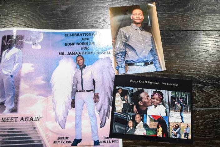 Photos of Jamaa Cassell are displayed at his parents home in Thursday, June 22, 2023. Three years ago Cassell was one of four people killed at a Juneteenth celebration on Beatties Ford Road. To this day, the case remains open and no suspects have been charged. Melissa Melvin-Rodriguez/mrodriguez@charlotteobserver.com