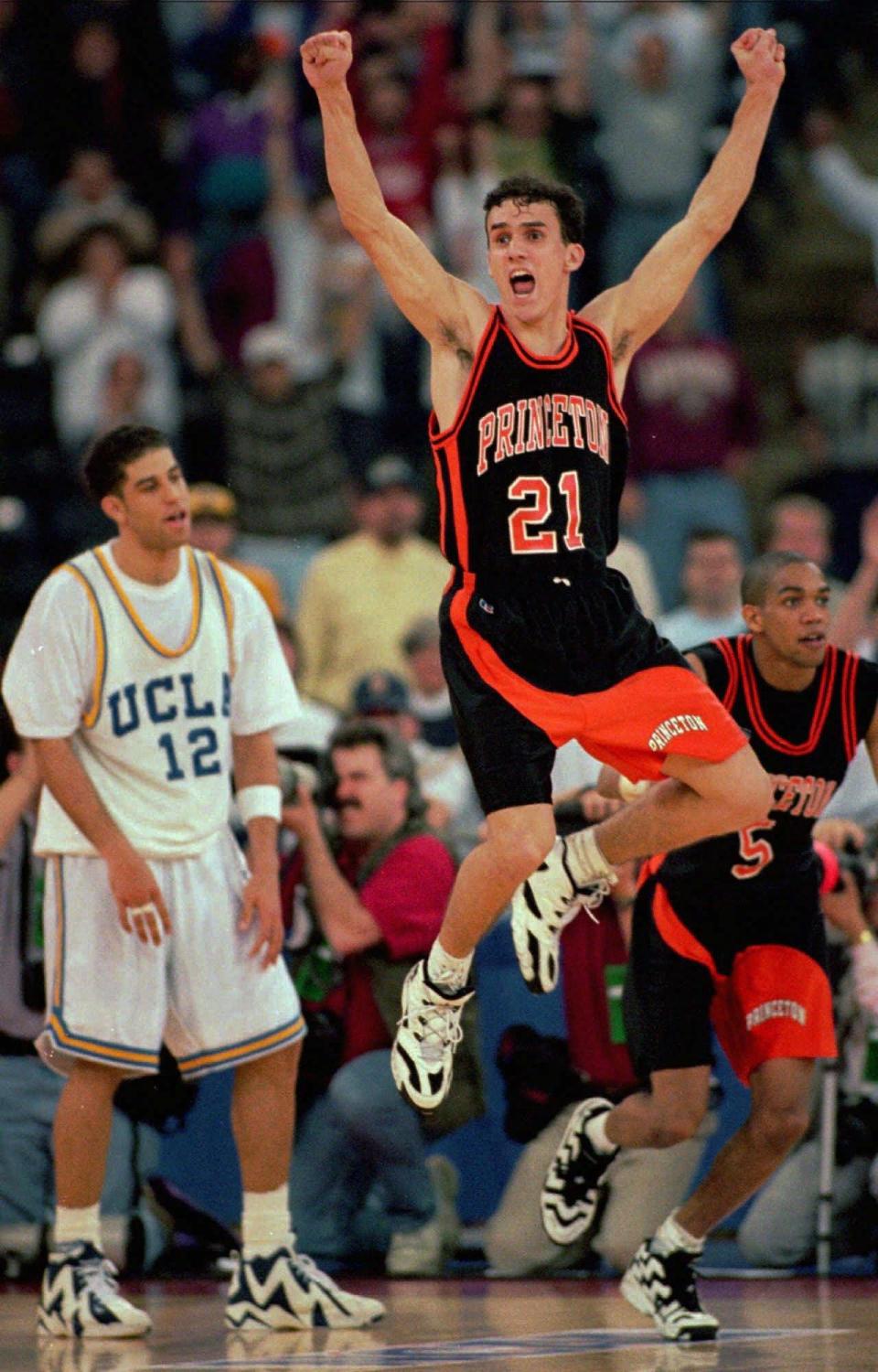 Mitch Henderson, an Indiana native, celebrates Princeton's monumental upset of UCLA in the first round of the NCAA tournament.