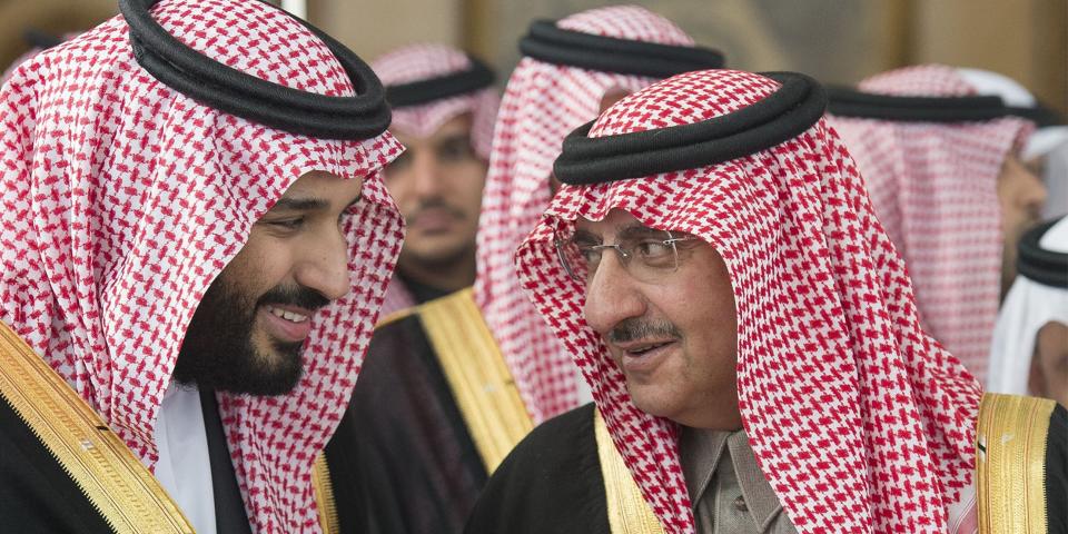 RIYADH, SAUDI ARABIA - DECEMBER 14 : Saudi defence minister and Deputy Crown Prince Mohammed bin Salman (L) and Deputy Crown Prince and the Minister of Interior of Saudi Arabia Muhammad bin Nayef (R) attend an opening ceremony of new Shura Council in Riyadh, Saudi Arabia on December 14, 2016. (Photo by Bandar Algaloud / Saudi Royal Council / Handout/Anadolu Agency/Getty Images)