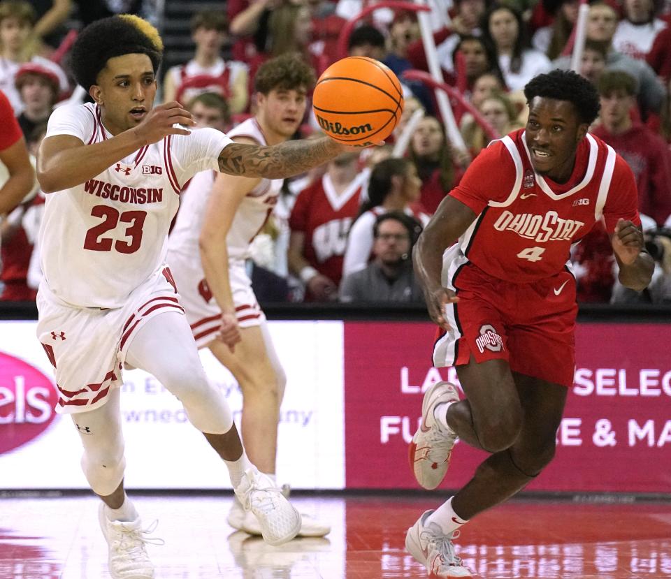 Wisconsin guard Chucky Hepburn (23) scores on a steal during the second half of their game Tuesday, February 13, 2024 at the Kohl Center in Madison, Wisconsin. Wisconsin beat Ohio State 62-54.
