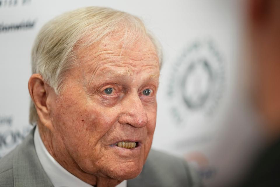 May 1, 2024; Columbus, OH, USA; Jack Nicklaus speaks to media following the Memorial Tournament Legends Luncheon at the Ohio Union. The PGA tournament is June 3-9 at Muirfield Village Golf Club in Dublin.