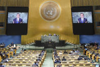 Foreign Minister of China Wang Yi addresses the 77th session of the United Nations General Assembly, Saturday, Sept. 24, 2022 at U.N. headquarters. (AP Photo/Mary Altaffer)