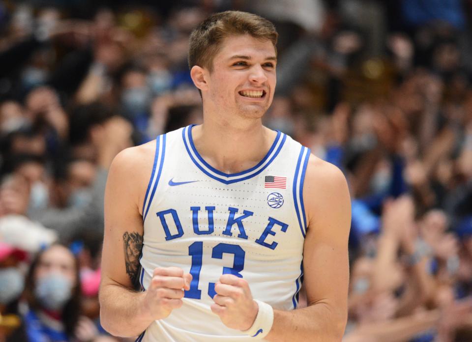 Jan 25, 2022; Durham, North Carolina, USA; Duke Blue Devils forward Joey Baker (13) reacts after defeating the Clemson Tigers at Cameron Indoor Stadium.