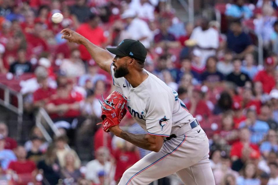 Miami Marlins starting pitcher Sandy Alcantara throws during the first inning of a baseball game against the St. Louis Cardinals Wednesday, June 29, 2022, in St. Louis. (AP Photo/Jeff Roberson)