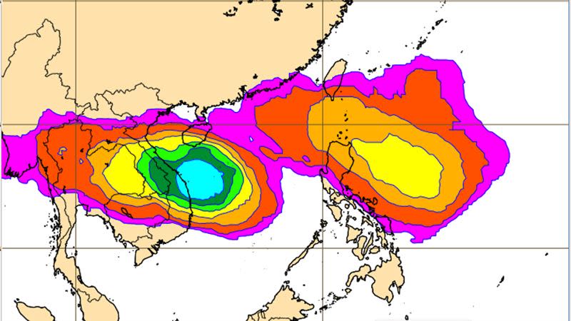 圖：最新(8日20時)歐洲(ECMWF)系集模式模擬圖顯示，下週三(13日)20時菲律賓東方及南海海面「熱帶擾動」的模擬機率，分別已達40%及70%。