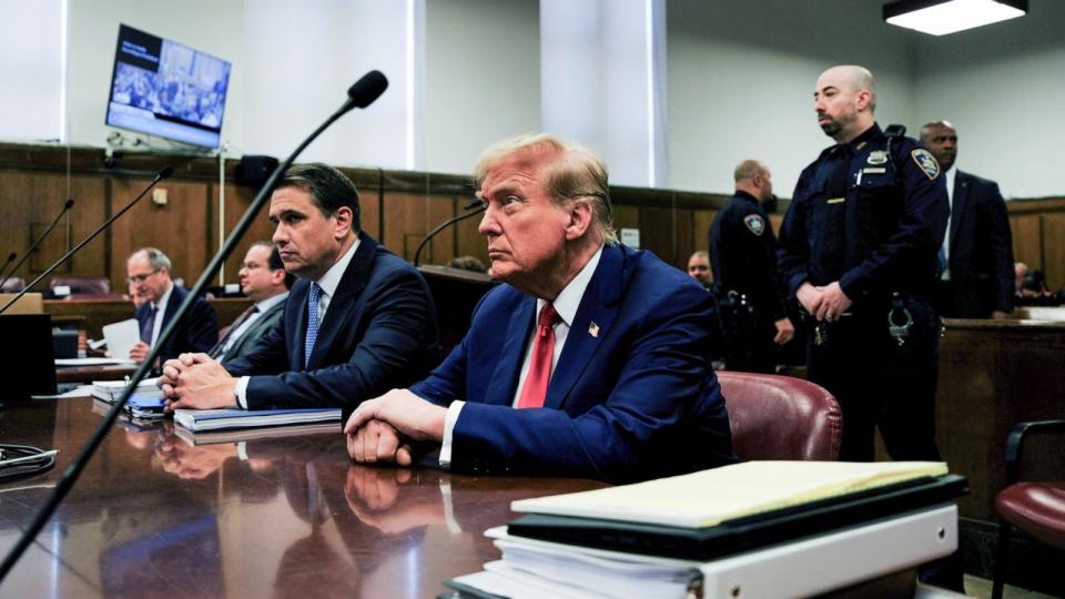 PHOTO: Former President Donald Trump appears in court for his trial at Manhattan Criminal Court on April 23, 2024 in New York City. (Curtis Means-Pool/Getty Images)