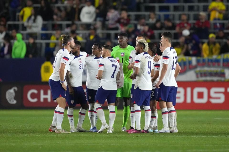 Jan 28, 2023; Carson, California, USA; USMNT players Walker Zimmerman (3), Kellyn Acosta (23), DeJuan Jones (4), Paul Arriola (7), Sean Johnson (1), Jesus Ferreira (9) and Matthew Hoppe (13)  huddle before the start of the second half against Columbia at Dignity Health Sports Park. The teams played to a 0-0 tie.