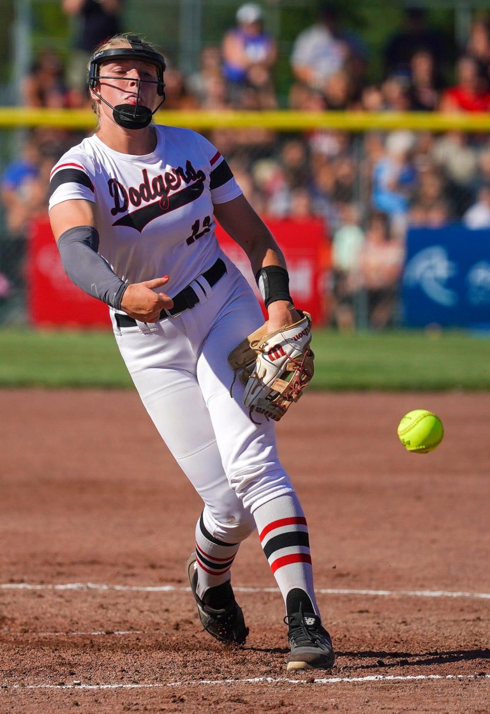 Fort Dodge's Jalen Adams (12) pitches against Waukee Northwest during the Class 5A softball state championship on Thursday at Harlan Rogers Sports Complex in Fort Dodge.