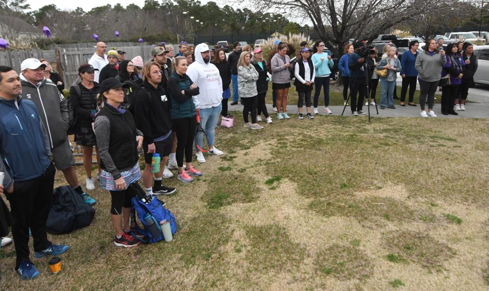 A ceremony in honor of MaryAnn Breault was held at Holly Tree Racquet Club in Wilmington, N.C., Friday, March 4, 2022. Breault was killed in a domestic violence dispute in front of the club on December 8. The ceremony was held before the Raise A Racquet Against Domestic Violence tennis tournament. [MATT BORN/STARNEWS]