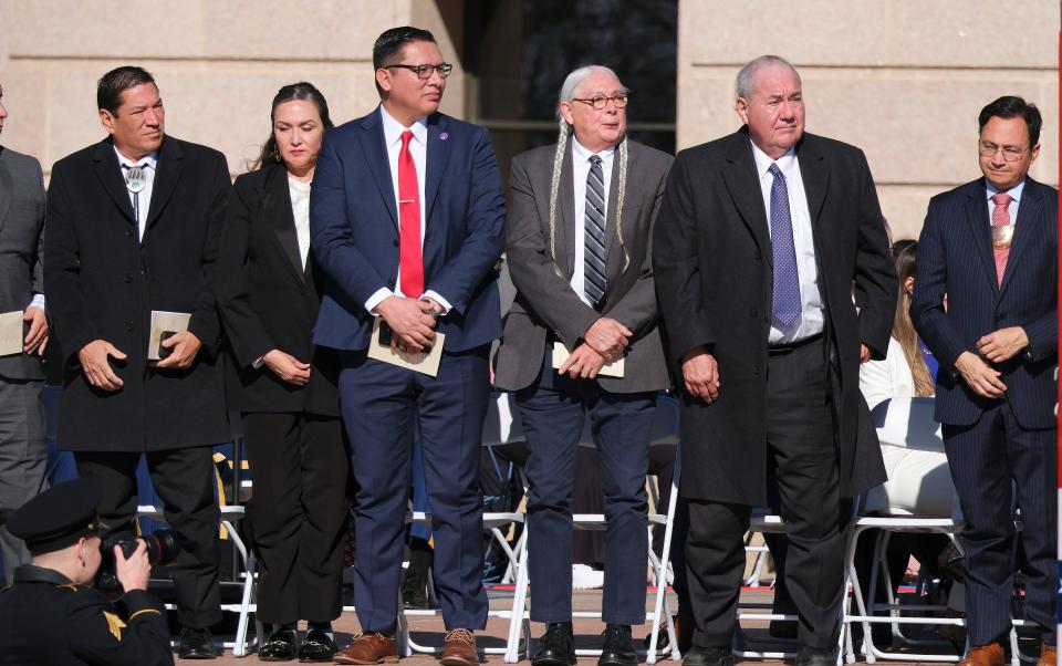 Leaders from at least a dozen tribal nations based in Oklahoma attended the Jan. 9 inauguration of Oklahoma Gov. Kevin Stitt. Tribal representatives included, from left, Cheyenne and Arapaho Tribes Gov. Reggie Wassana and government affairs officer LaRenda Morgan; Pawnee Nation Vice President Jordan Kanuho and President Walter Echo-Hawk; Osage Nation Principal Chief Geoffrey Standing Bear; and Cherokee Nation Principal Chief Chuck Hoskin Jr.