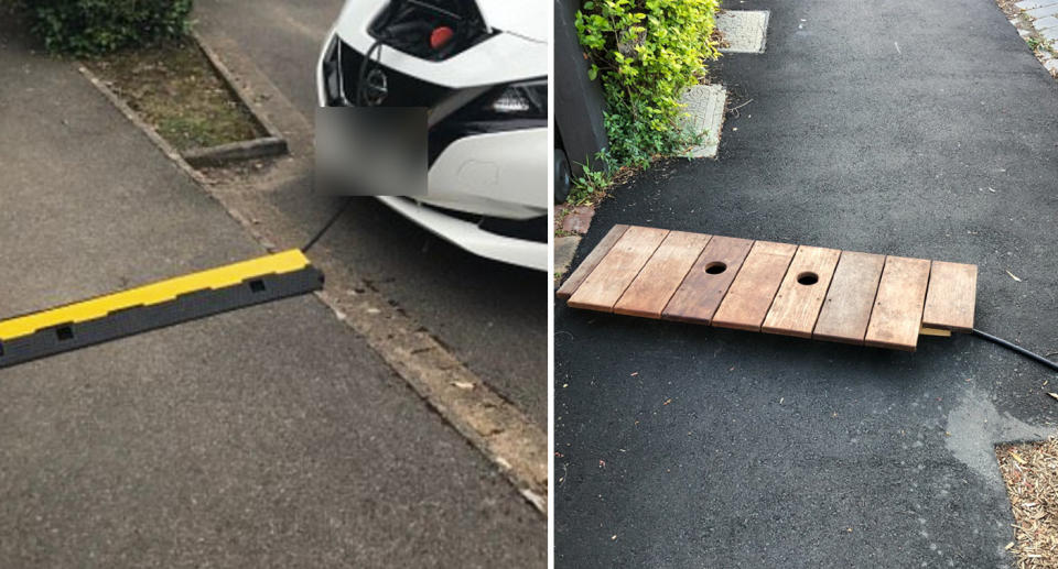 Right, The wooden bolster on top of the charger cable on the footpath. Left, a cable cover is over a EV charging cable. 