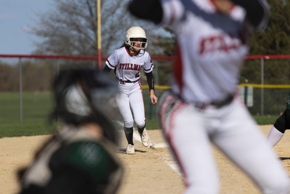 Stillman Valley Addison Adler (2) leads off at third base during a game against North Boone on Friday, April 19, 2024, at the Davis Junction Softball Fields in Davis Junction.