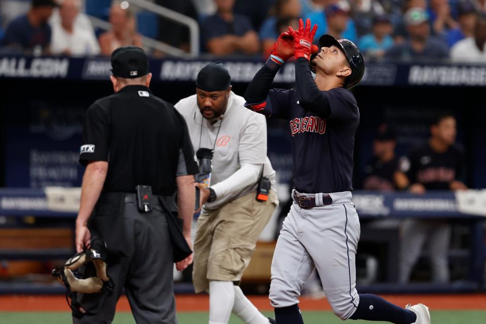 Guardians second baseman Andres Gimenez celebrates after hitting a three-run home run against the the Tampa Bay Rays in the sixth inning of Saturday's game. The Rays won 6-4. [Scott Audette/Associated Press]