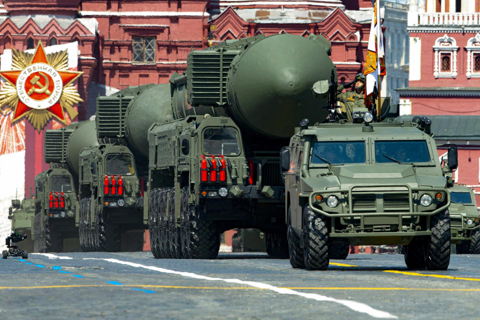 FILE - Russian RS-24 Yars ballistic missiles roll in Red Square during the Victory Day military parade in Moscow, Russia, on June 24, 2020. Russian President Vladimir Putin has repeatedly warned that Russia could use "all available means" to protect its territory, a clear reference to the country's nuclear arsenal. (AP Photo/Alexander Zemlianichenko, File)