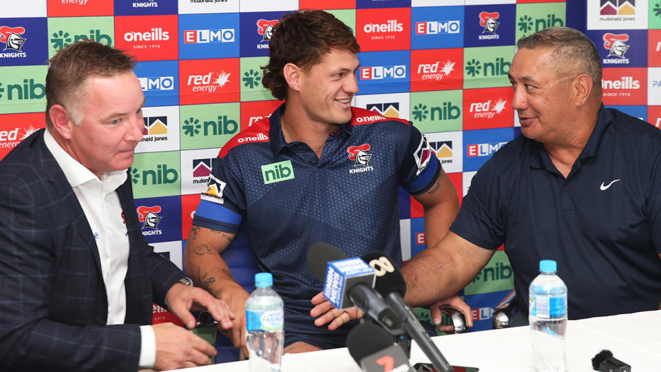 Kalyn Ponga was all smiles after signing a five-year contract extension with the Newcastle Knights. (Photo by Peter Lorimer/Getty Images)