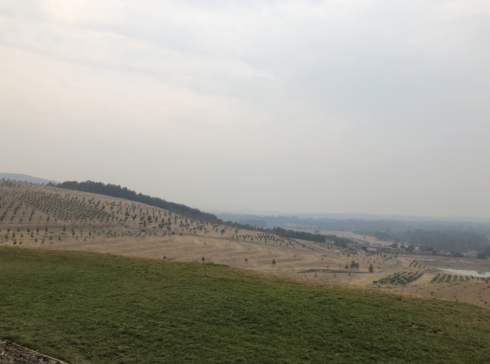 A thick band of smoke plagued the sky from Lakes Entrance Victoria to Batemans Bay to Canberra. Source: Twitter/MalurusSally