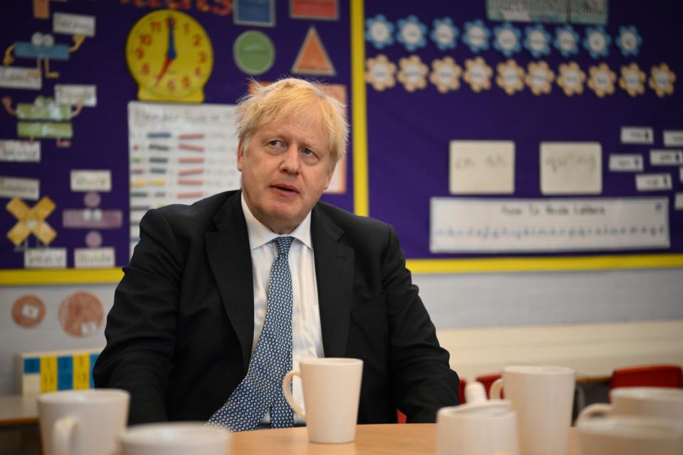 Prime Minister Boris Johnson during a visit at the Field End Infant school, in South Ruislip, following the local government elections. Picture date: Friday May 6, 2022.