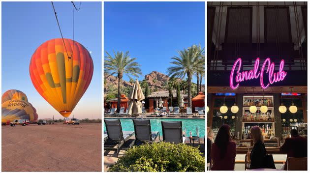 From left to right: a Rainbow Ryders hot air balloon, the Omni Scottsdale Resort & Spa at Montelucia and The Canal Club. (Photo: Caroline Bologna/HuffPost)