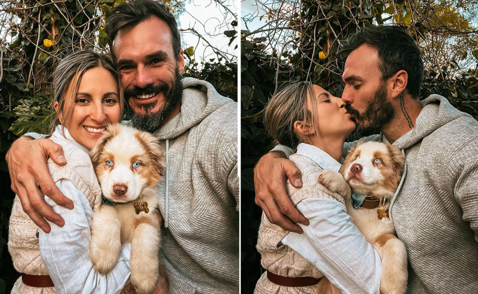 Two photos of Locky and Irena hugging their new puppy Odin. On the right, the pair share a kiss