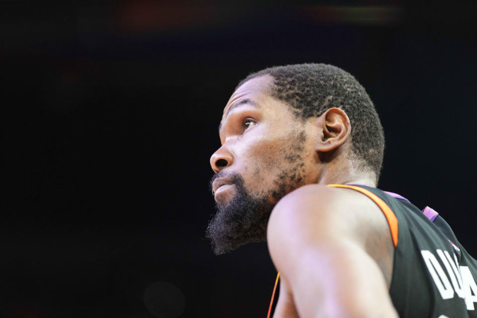 Kevin Durant looks on during the Phoenix Suns' playoff game against the Minnesota Timberwolves at Footprint Center on April 26, 2024.