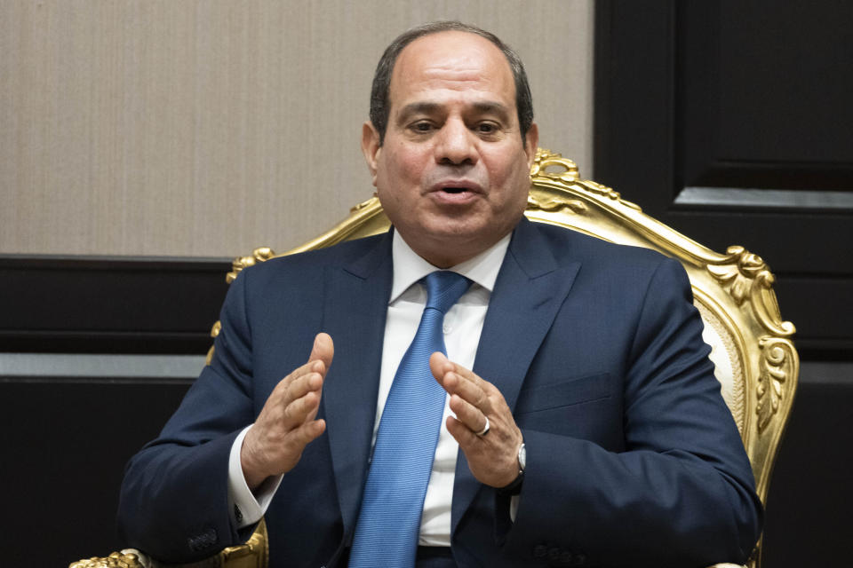 Egyptian President Abdel Fattah el-Sisi speaks during a meeting with President Joe Biden at the COP27 U.N. Climate Summit, Friday, Nov. 11, 2022, at Sharm el-Sheikh, Egypt. (AP Photo/Alex Brandon)