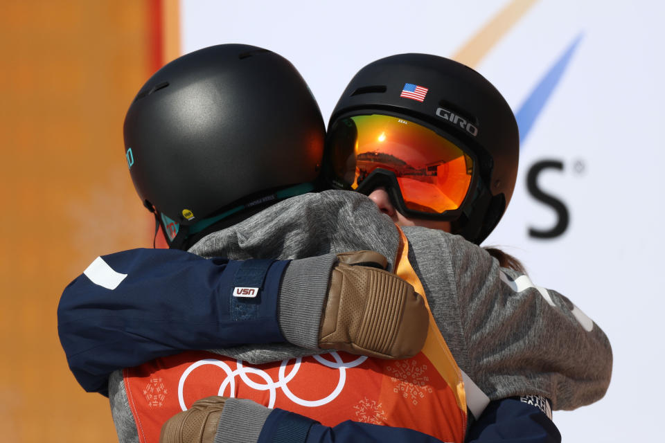 Brita Sigourney of the United States hugs Annalisa Drew of the United States during the Freestyle Skiing Ladies’ Ski Halfpipe Final on day eleven of the PyeongChang 2018 Winter Olympic Games. (Getty)