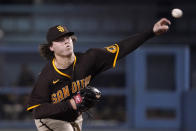 San Diego Padres starting pitcher Ryan Weathers throws to the plate during the first inning of a baseball game against the Los Angeles Dodgers Wednesday, Sept. 29, 2021, in Los Angeles. (AP Photo/Mark J. Terrill)