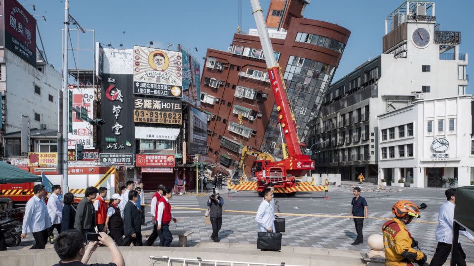 Taiwan President-elect Lai Ching-te inspects the damage following the earthquake, in Hualien, Taiwan. - Taiwan Presidential Office/Handout/Reuters