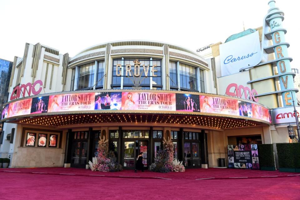 The AMC The Grove theatre marquee is pictured ahead of the "Taylor Swift: The Eras Tour" concert movie world premiere in Los Angeles, California on October 11, 2023. (Photo by VALERIE MACON / AFP) (Photo by VALERIE MACON/AFP via Getty Images)