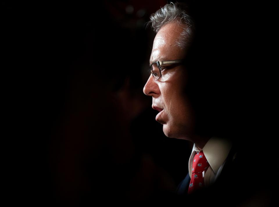 U.S. Congressman Andy Ogles addresses supporters after winning the Republican nomination for a second term during a campaign party at Ludlow & Prime in Franklin, Tennessee, Thursday evening, August 1, 2024.