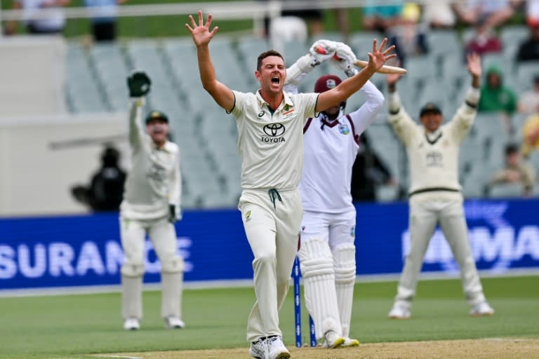 Josh Hazlewood took four wickets for just two runs at the start of the West Indies second innings to deal a hammer blow to the visitors (Izhar KHAN)