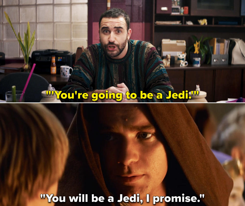 Mr. Wilson saying "You're going to be a Jedi" juxtaposed with Obi-Wan saying "You will be a Jedi, I promise"