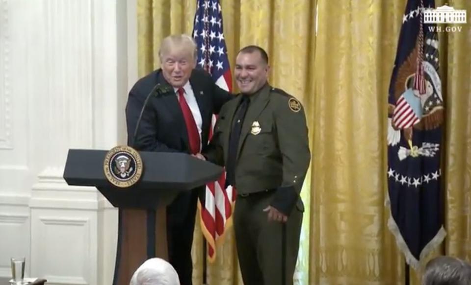 President Donald Trump recognized the work of border patrol agent Adrian Anzaldua at the White House on Monday. (Photo: WHgov)