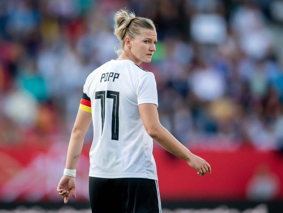 REGENSBURG, GERMANY - MAY 30:  Alexandra Popp of Germany turns around during the international friendly match between Germany Women and Chile Women at Continental Arena on May 30, 2019 in Regensburg, Germany. (Photo by Boris Streubel/Getty Images)