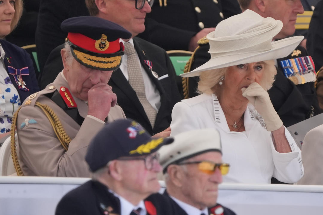 King Charles and Queen Camilla appear emotional during the UK national commemorative event for the 80th anniversary of D-Day. (PA)