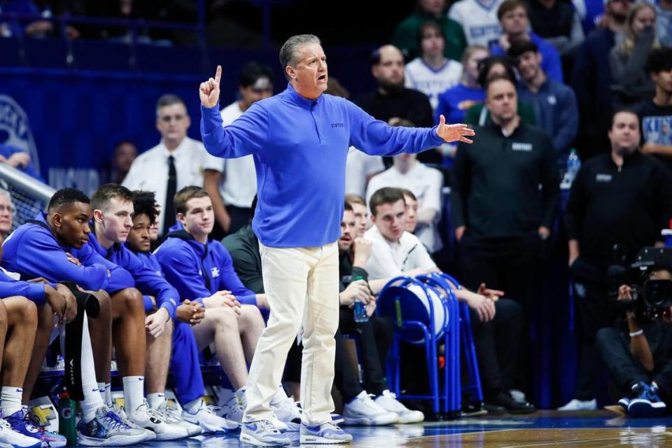 Kentucky head coach John Calipari calls to his players during the game against Bellarmine at Rupp on Tuesday.