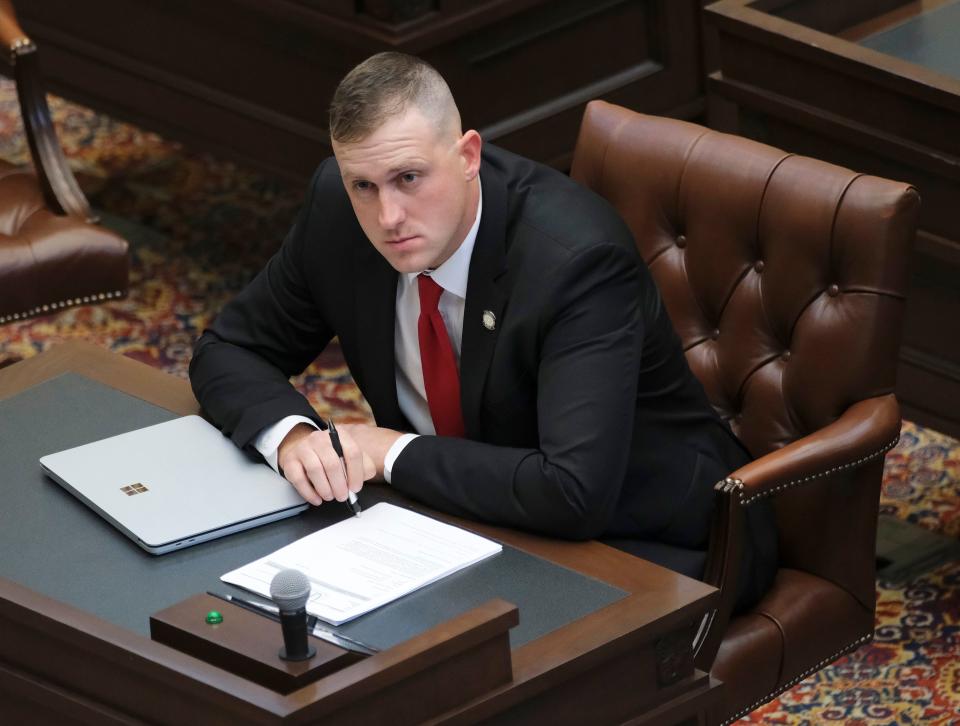 Sen. Tom Woods on the floor of the Senate at the Oklahoma Capitol Monday, Feb. 26, 2024.