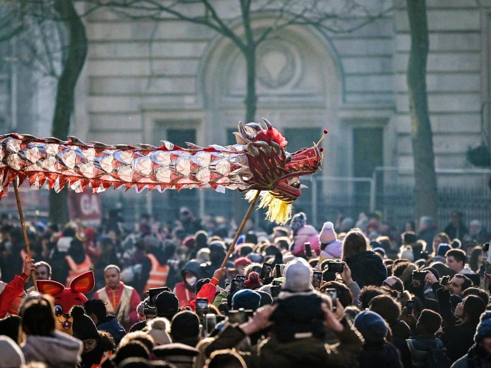 Performers take part in the parade celebrating the Lunar New Year of the Rabbit, in London on January 22, 2023.